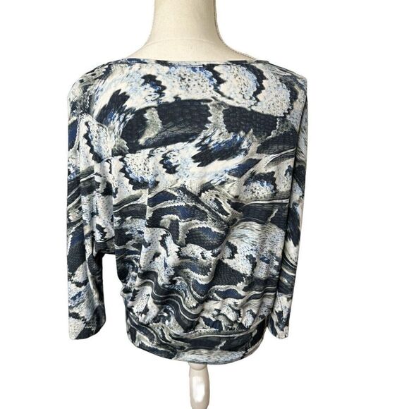 Clara Sun Woo Top Large Blue White Gray 3/4 Sleeve Stretch Knit Boxy Front Tie M - Picture 4 of 5